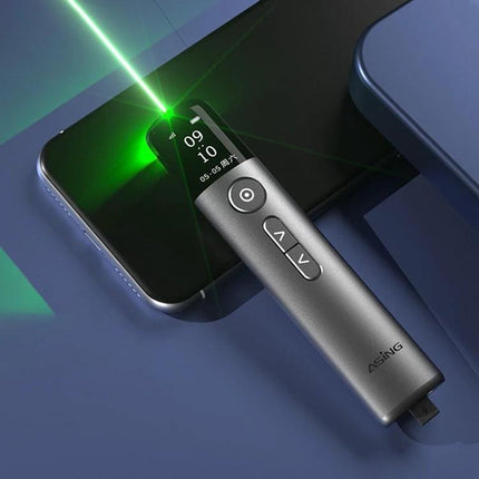 ASiNG A9 32GB Wireless Presenter Pen with Touch Laser Pointer showing green laser, LCD screen, navigation buttons and USB connector