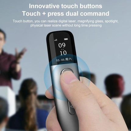 ASiNG A9 32GB Wireless Presenter Pen with Touch Laser Pointer showing thumb on touch button and LCD in meeting