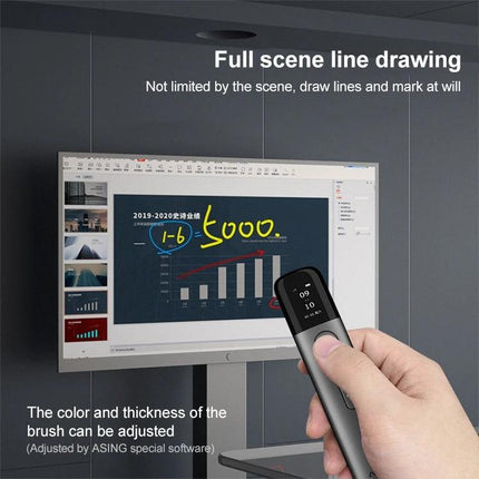ASiNG A9 32GB Wireless Presenter Pen with Touch Laser Pointer held pointing at presentation screen with LCD battery display and on-screen annotation