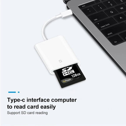 Type-C SD Card Reader for Daily Mobile Data Access — white Type-C SD card reader plugged into laptop with 128GB SD card