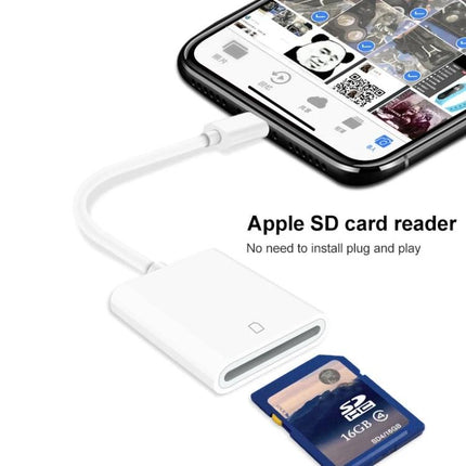 Compact SD Card Reader for Mobile Data Transfer on the Go - white 8-pin plug-and-play SD card reader connected to smartphone for photo transfer