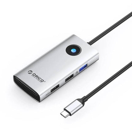 Orico 5-in-1 USB-C Docking Station for Laptop Connectivity shown in silver with HDMI, USB ports and cable