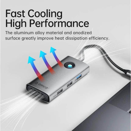 Orico 5-in-1 USB-C Docking Station for Laptop Connectivity showing aluminum body, USB ports, 4K HDMI and fast cooling airflow