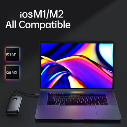 Orico 5-in-1 USB-C Docking Station for Laptop Connectivity connected to MacBook showing 4K HDMI display and portable design