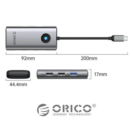 Orico 5-in-1 USB-C Docking Station for Laptop Connectivity showing dimensions 92mm x 44.4mm x 17mm with HDMI and USB ports
