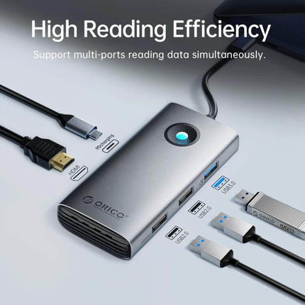 Orico 5-in-1 USB-C Docking Station for Laptop Connectivity showing 4K HDMI, multiple USB ports, and connected devices