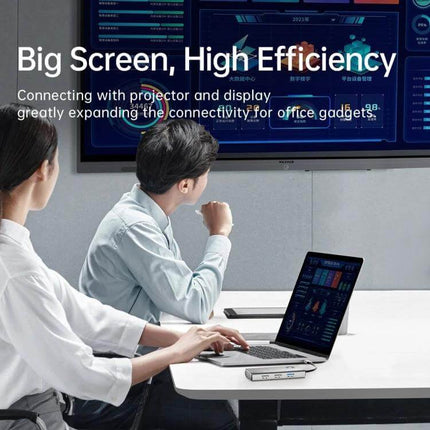 Orico 5-in-1 USB-C Docking Station for Laptop Connectivity connected to laptop and 4K HDMI display in meeting room, reducing cable clutter
