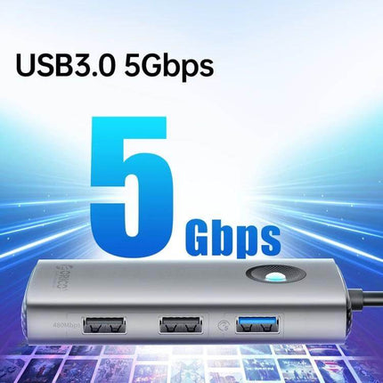 Orico 5-in-1 USB-C Docking Station for Laptop Connectivity showing USB3.0 5Gbps ports and compact aluminum hub