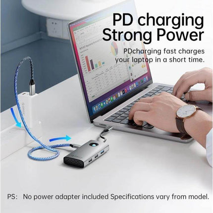 Orico 5-in-1 USB-C Docking Station for Laptop Connectivity connected to laptop with PD charging and HDMI display setup