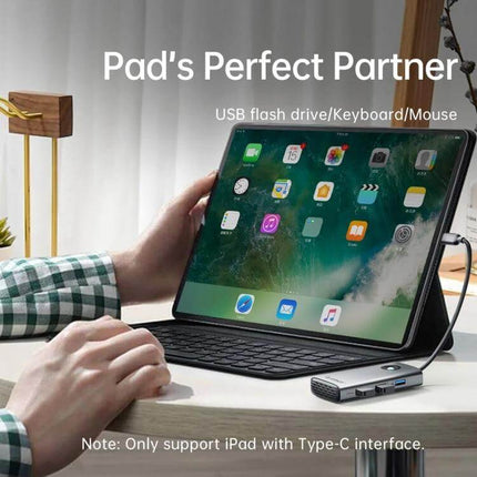 Orico 5-in-1 USB-C Docking Station for Laptop Connectivity connected to iPad with keyboard and HDMI, USB and charging ports