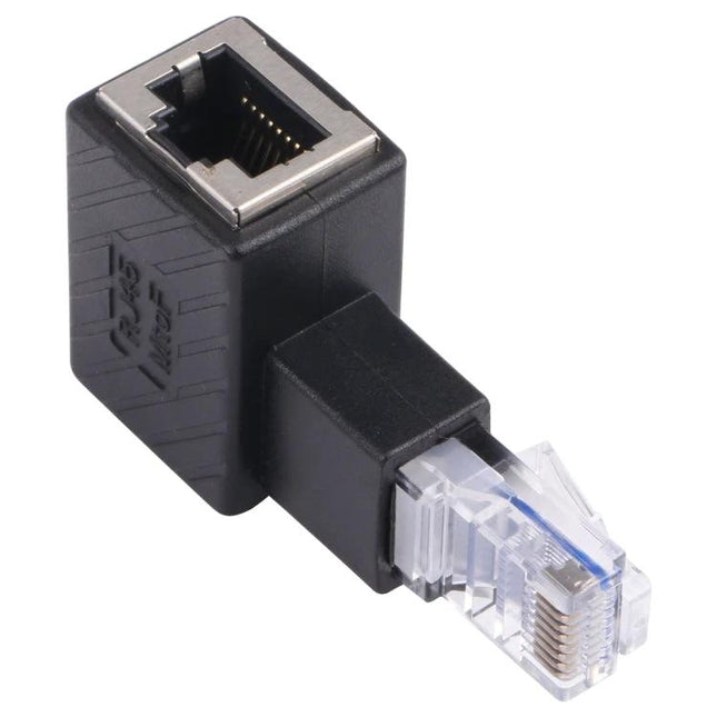 RJ45 90-Degree Extension Adapter for Ethernet Cables angled adapter extending Ethernet cable to protect device ports in tight spaces