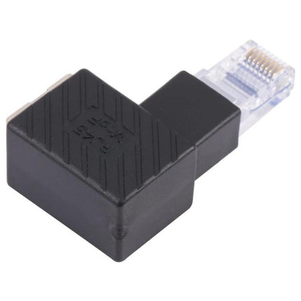 RJ45 90-Degree Extension Adapter for Ethernet Cables black right-angle inline adapter protecting laptop port in tight spaces