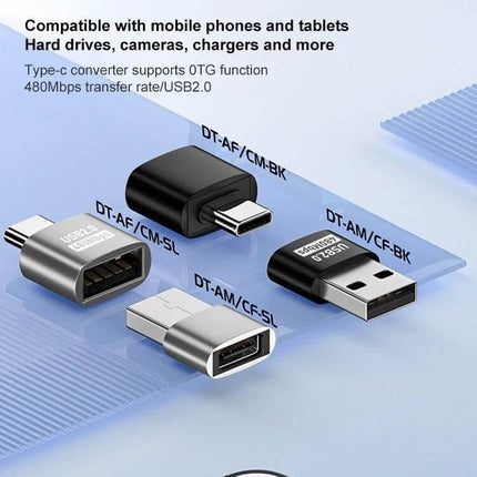 USB 2.0 Female to Type-C Male Adapter for Charging and Data Transfer showing aluminum alloy adapters connecting USB devices to Type-C phones and tablets
