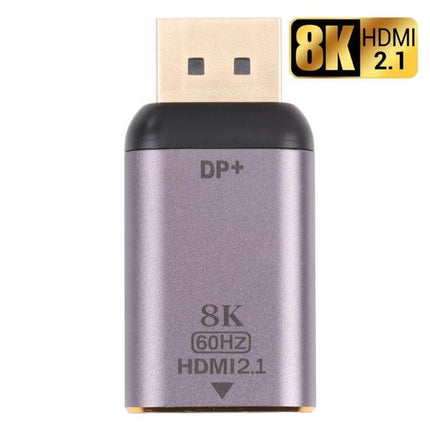 HDMI to DisplayPort Adapter for Computer Video Connections - 8K HDMI 2.1 compact adapter showing DP+ and 60Hz marking