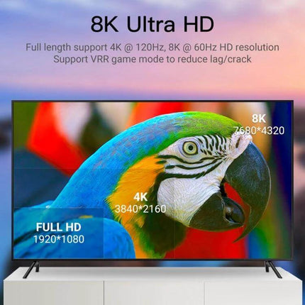 HDMI to Mini DisplayPort Adapter for Video and Audio Links connecting 8K/4K monitor with vivid parrot image, supports 4K@120Hz and 8K@60Hz