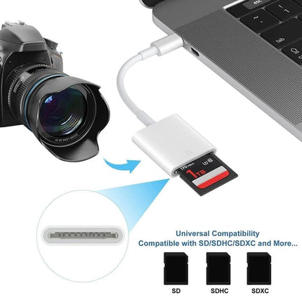 Type-C SD Card Adapter for Everyday Device File Transfers connecting camera SD card to USB-C laptop for quick photo and file transfer