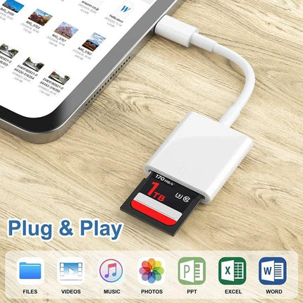 Type-C SD Card Adapter for Everyday Device File Transfers — white USB-C SD card reader plugged into laptop, plug-and-play for photos, videos, documents