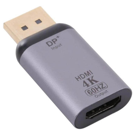 4K 60Hz HDMI Female to DisplayPort Male Adapter for Monitors showing DisplayPort male plug and HDMI female 4K 60Hz output