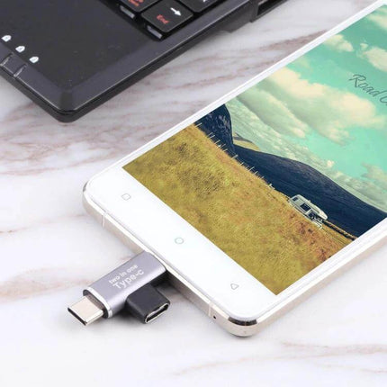 USB-C Converter with Micro USB Adapter for Device Connections plugged into smartphone showing file transfer to laptop
