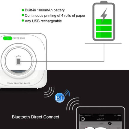 PAPERANG P1 Portable Printer for Travel Photo Printing showing Bluetooth direct connect and built-in 1000mAh battery