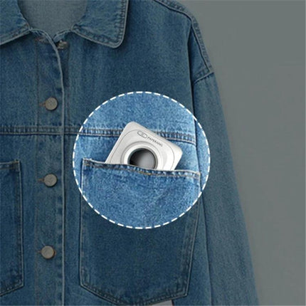 PAPERANG P1 Portable Printer for Travel Photo Printing - compact white printer tucked in denim jacket pocket demonstrating portability