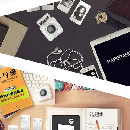 PAPERANG P1 Portable Printer for Travel Photo Printing on a desk with smartphone, tablet, photos and travel accessories