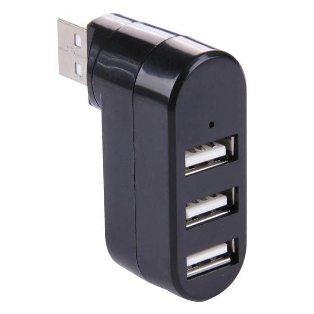Portable USB Hub with 180-Degree Rotation for Device Connections compact black 3-port USB hub angled for flexible positioning