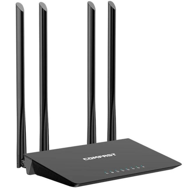 COMFAST Dual Band Wireless Router for Reliable Home Networking black 4‑antenna router providing stable 2.4GHz and 5.8GHz home Wi‑Fi connections
