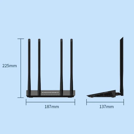 COMFAST Dual Band Wireless Router for Reliable Home Networking front and side view with four antennas and dimensions 187x137x225mm
