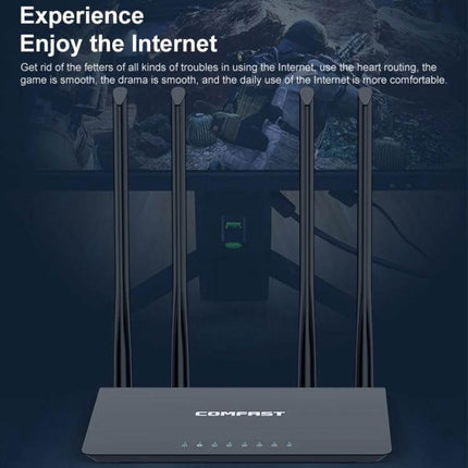 COMFAST Dual Band Wireless Router for Reliable Home Networking - sleek black router with four tall antennas for stable 2.4GHz and 5.8GHz home Wi-Fi