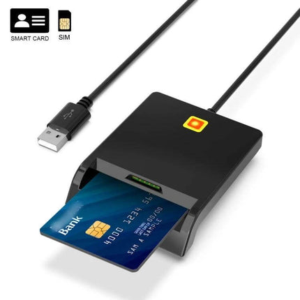Rcoketek Smart Card Reader for SIM and Bank Cards - black USB reader showing inserted bank card and SIM slot