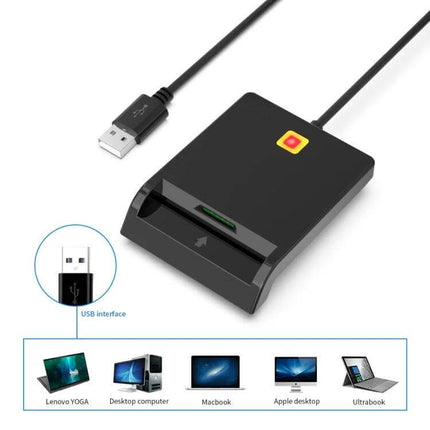 Rcoketek Smart Card Reader for SIM and Bank Cards portable USB card reader showing SIM and bank card slot on Windows and Mac compatible devices