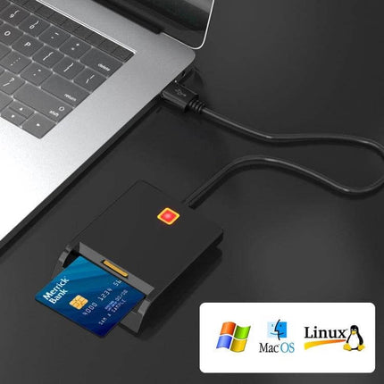 Rcoketek Smart Card Reader for SIM and Bank Cards connected to laptop via USB showing a bank card and OS compatibility icons
