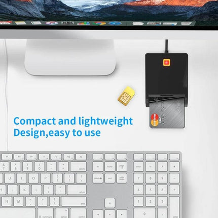 Rcoketek Smart Card Reader for SIM and Bank Cards compact USB reader with SIM and bank card inserted on desktop