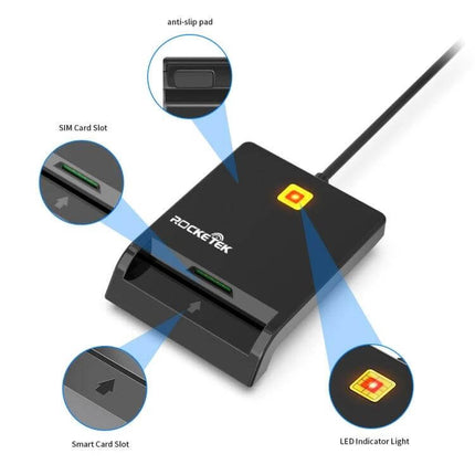 Rcoketek Smart Card Reader for SIM and Bank Cards - black USB reader with SIM card slot, smart card slot, LED indicator and anti-slip pad