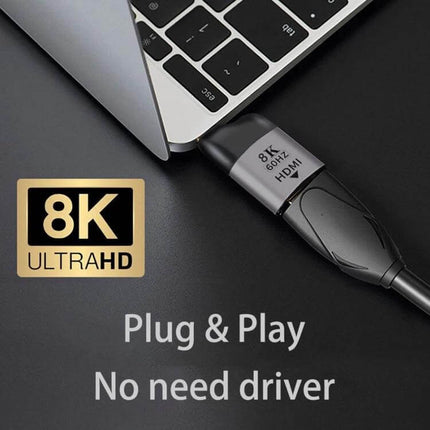 HDMI Female to USB-C Adapter for High-Definition Video Connections plugged into laptop for 8K Ultra HD plug-and-play display