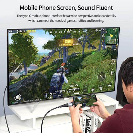 HDMI Female to USB-C Adapter for High-Definition Video Connections showing smartphone gaming mirrored to 8K TV