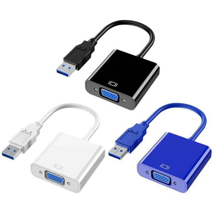 USB to VGA Adapter for Connecting Laptops to Monitors - compact USB-to-VGA converter in black white and blue supporting 1920x1080 for presentations and extended displays
