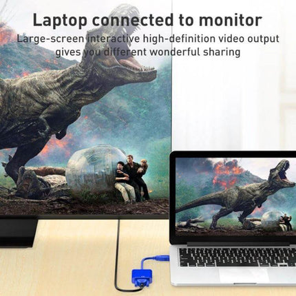 USB to VGA Adapter for Connecting Laptops to Monitors showing laptop mirrored to large monitor with dinosaur movie playback
