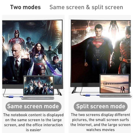 USB to VGA Adapter for Connecting Laptops to Monitors showing same-screen and split-screen laptop-to-monitor setups 1080P