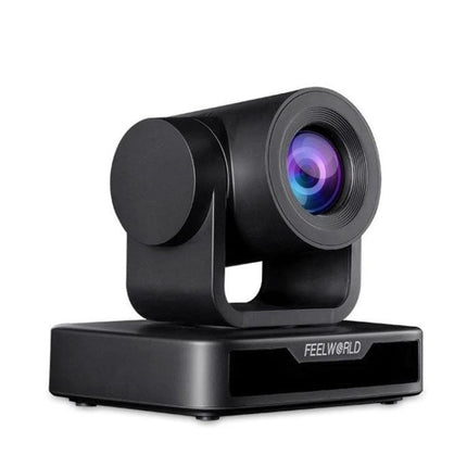FEELWORLD USB10X Video Conference Camera with 10X Zoom showing black PTZ body, 10X optical zoom lens and wide-angle mount for meetings and online education