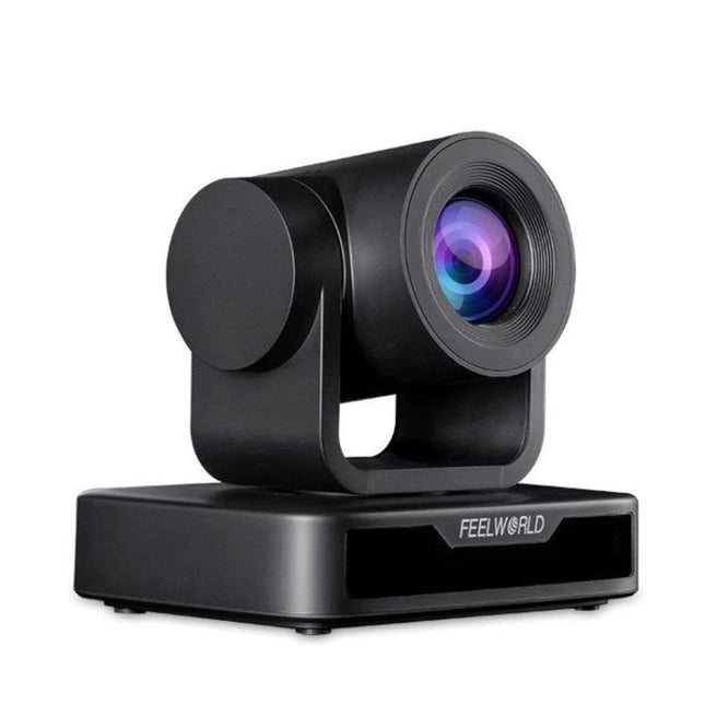FEELWORLD USB10X Video Conference Camera with 10X Zoom showing black PTZ body, 10X optical zoom lens and wide-angle mount for meetings and online education