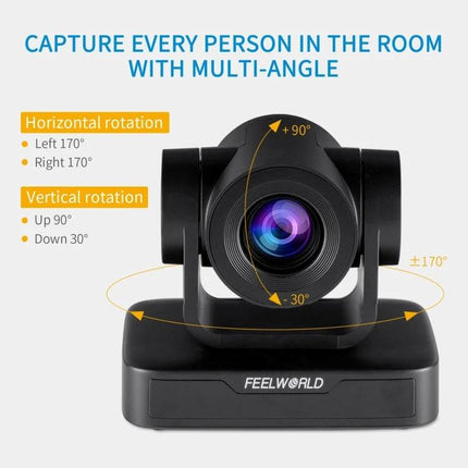 FEELWORLD USB10X Video Conference Camera with 10X Zoom showing 70° wide view, 10X optical zoom and multi-angle horizontal ±170° vertical +90°/-30°