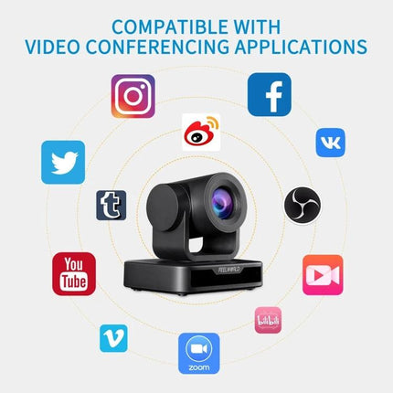 FEELWORLD USB10X Video Conference Camera with 10X Zoom showing camera surrounded by compatible video conferencing app icons