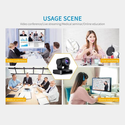 FEELWORLD USB10X Video Conference Camera with 10X Zoom capturing wide-angle meeting, live streaming, medical seminar and online education scenes