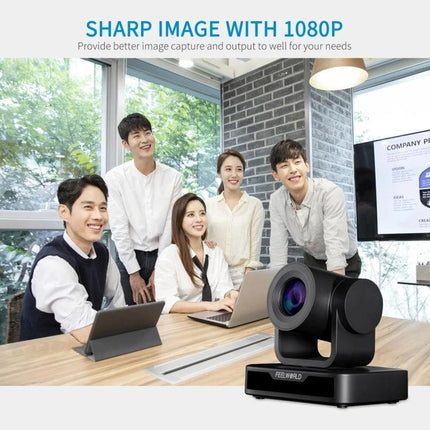 FEELWORLD USB10X Video Conference Camera with 10X Zoom capturing a business meeting with wide-angle 1080P view and autofocus for clear participant shots