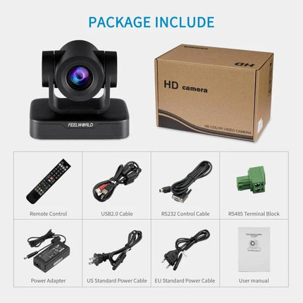 FEELWORLD USB10X Video Conference Camera with 10X Zoom showing camera, box, remote, cables and accessories for conference setup