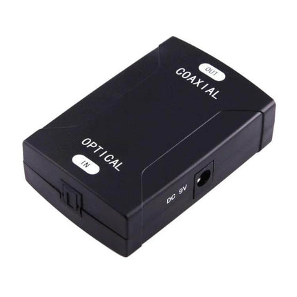 Optical Toslink to Coaxial RCA Digital Audio Signal Converter black box showing optical IN and coaxial OUT labels, DC 9V port