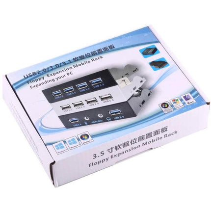 Front Panel USB Hub with Four Ports for 3.5 Inch Floppy Drive Bay - boxed USB 2.0 front-panel hub showing four ports and packaging