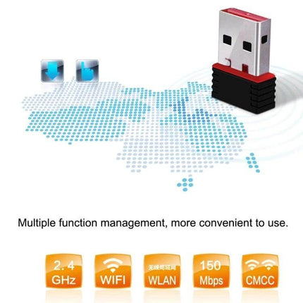 Compact USB WiFi Adapter for Easy Wireless Connectivity at Home - small USB WiFi dongle showing map, 2.4GHz WiFi, 150Mbps